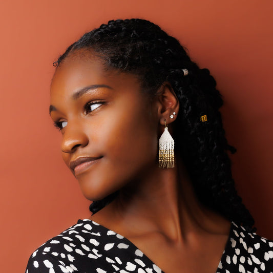 Regine White, Gold, and Smokey Taupe Fringe Earrings