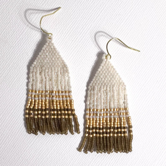 Regine White, Gold, and Smokey Taupe Fringe Earrings